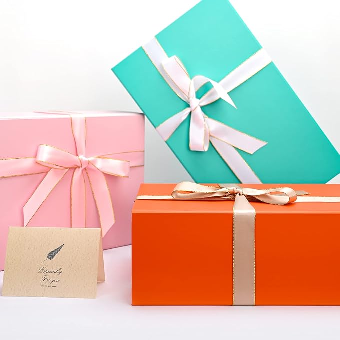 LIFELUM Gift Boxes 13.85 x 8.35 x 4.45 inch 5 Pack Gift Boxes with Lids Contains Card, Ribbon, Shredded Paper Filler (Orange)