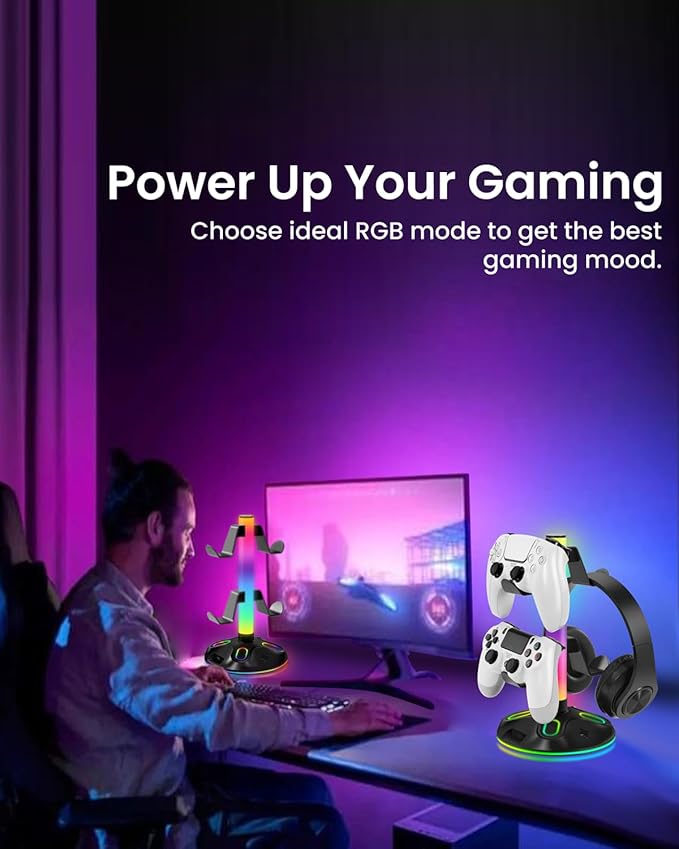 RGB Headphone Stand for Desk, Innovative Headset Stand with 9 Light Modes - Controller Holder with USB Charging and Type-c Port, Gamepad Earphone Accessories (Black)