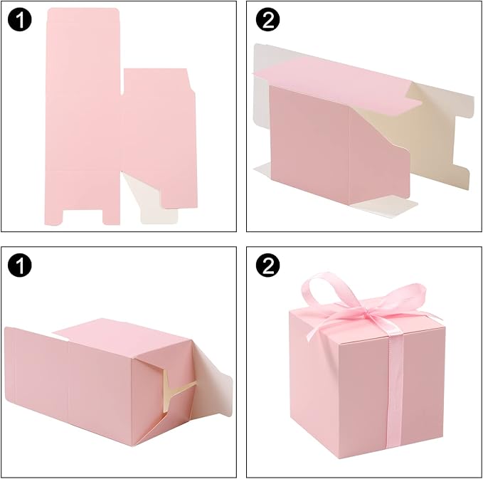 COTOPHER 100pcs Wedding Favor Boxes, Paper Gift Boxes 3x3x3 Inches Small Gift Boxes with Ribbons Small Boxes for Gifts, Crafting, Cupcake, Candy, Bridesmaid Proposal Boxes,Easy Assemble Boxes (Pink,