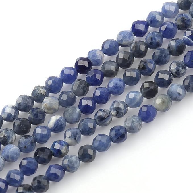 Song Xi 90pcs 4mm Natural Old Blue Sodalite Gemstone Beads Faceted Round Loose Stone Beads for Jewelry Making