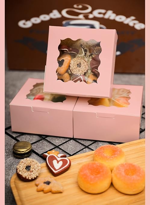 Bakepacker Pink Bakery Boxes with Window 6x6x3 inches Thick & Sturdy Macaroon Pastry Boxes Cookie Boxes for Bakerys(60-Packs)