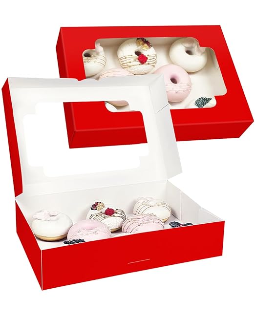 qiqee Auto-pop up Red Cookie Box with Window 12x8x2.5 inch 32 Packs Two Uses One Second Folding Pastry Biscuit Bakery Box for Packaging