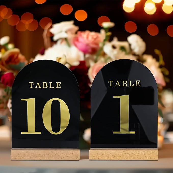 Wedding Table Numbers 1-20, Acrylic Arch Signs with Natural Wood Stands Holders, Rustic Table Decor for Reception & Parties (Black Gold)