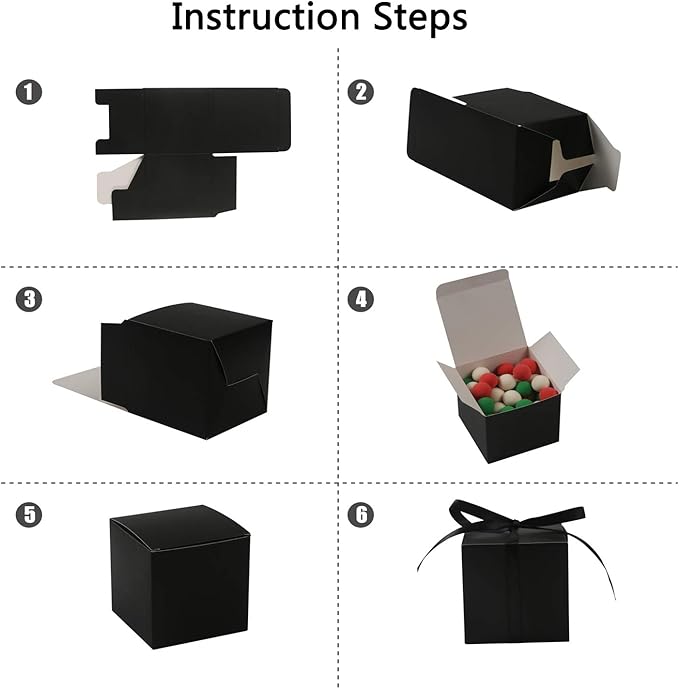 COTOPHER 100pcs Wedding Favor Boxes, Paper Gift Boxes 3x3x3 Inches Small Gift Boxes with Ribbons Small Boxes for Gifts, Crafting, Cupcake, Candy, Bridesmaid Proposal Boxes,Easy Assemble Boxes (Black)