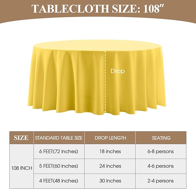 Round Tablecloth 6 Pack 108 Inch Yellow Tablecloths Washable Decorative Linen Polyester Table Clothes Cover for Dining Table Banquets Buffet Parties and Wedding