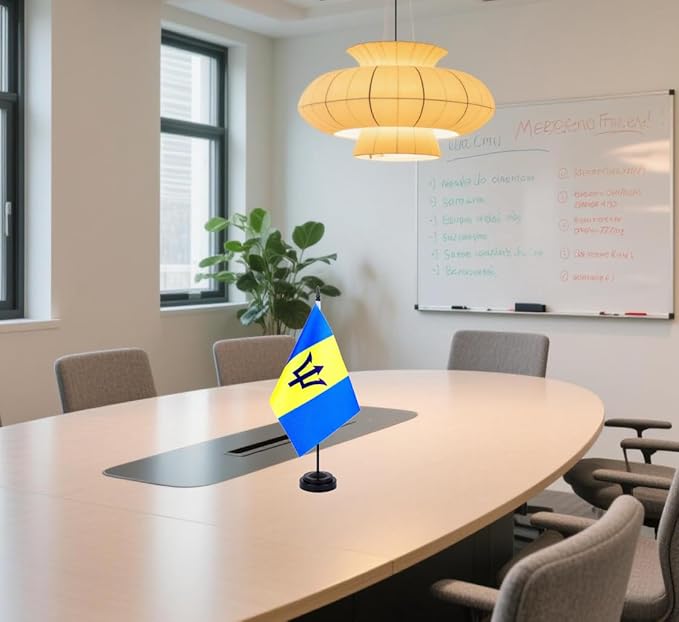 Barbados Desk Flag 12" Solid Pole Deluxe Set Barbadians Flags Banner Mini Small Barbados Office Table Flags with Black Stand Base Desktop Decorations(2Pack)