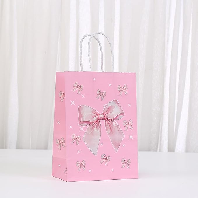 24Pcs Pink Bow Party Favor Bags,Gift Bags with Handles for Bridal Engagement Baby Shower,Barbie themed Goodie Bag Candy Bag for Birthday Bachelor Barbie Party Decoration Wedding