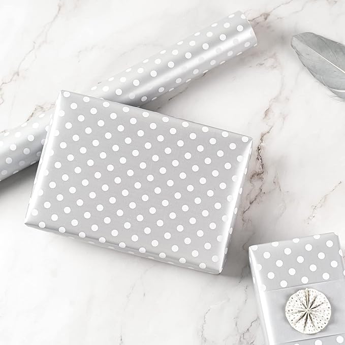 WRAPAHOLIC Reversible Wrapping Paper - Mini Roll - 17 Inch X 33 Feet - Silver Print and Polka Dot Design for Birthday, Holiday, Wedding, Baby Shower