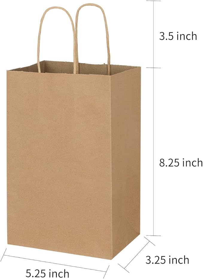 Toovip 50 Pack 5.25x3.25x8.25 Inch Small Plain Brown Kraft Paper Bags with Handles Bulk, Gift Bags for Favor Grocery Retail Party Birthday Shopping Business Goody Craft Merchandise Take Out Sacks
