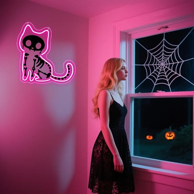 Cat Neon Sign,Pink Dimmable LED Light Signs for Wall Art Decor,Halloween Backdrop for Bedroom Club Party,Animal Gift for Boys Girls Teen USB Powered(11.8"*11.6")