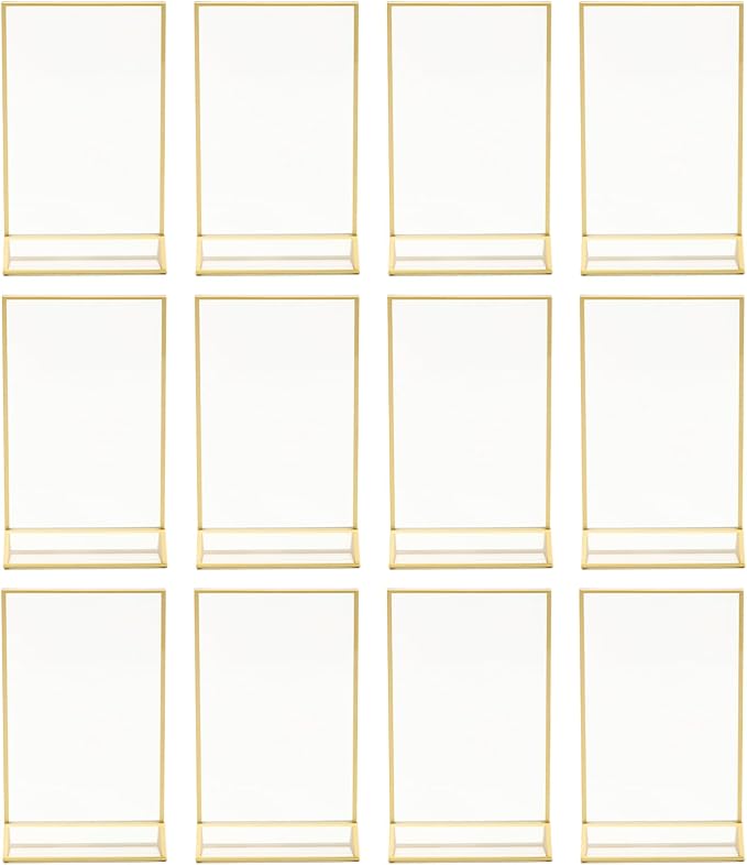 12 Pack Gold Acrylic Sign Holder 4 x 6 inch, Double Sided Gold Picture Frame Stand up Table Top Sign Holders, Wedding Table Number Frames Vertical for Party, Home, Office(4 x 6inch)