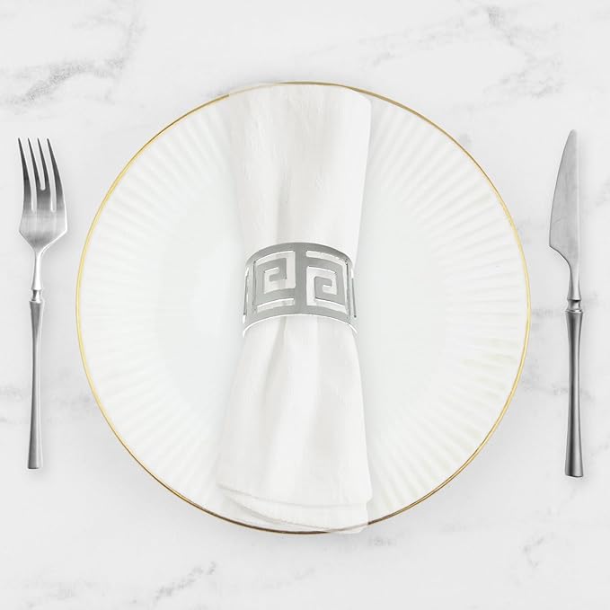 Shiny Silver Napkin Rings Set of 12, Greek Key Round, Modern Cuff Design for Wedding Party Decorations, Kitchen, Holiday Table,Rust Proof,Hotel, Home,Iron, Table Accessories for Dining,Gift