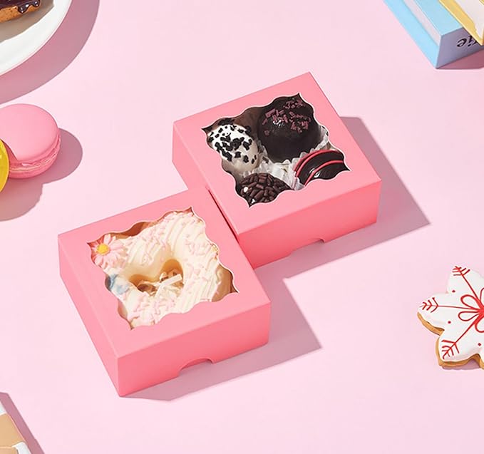 RomanticBaking 3 ¼" x 3 ¼" x 1 ½" 100PCS Chocolate Truffle Boxes for 4,Cookies Boxes Soap Boxes Donut Boxes Macaron Boxes Mini Bakery Boxes with Window Brownie Box