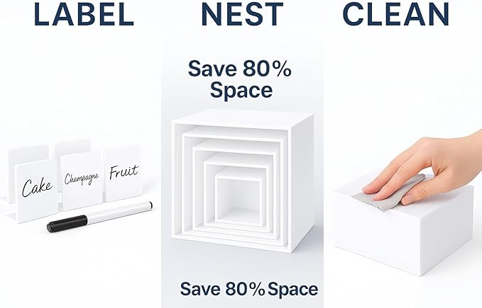 Buffet Risers 4-Pack – White Acrylic Cube Display Stands, Seamless Thick Acrylic Table Risers with Mini Sign Kit, Nesting Dessert, Party, Charcuterie & Retail Displays