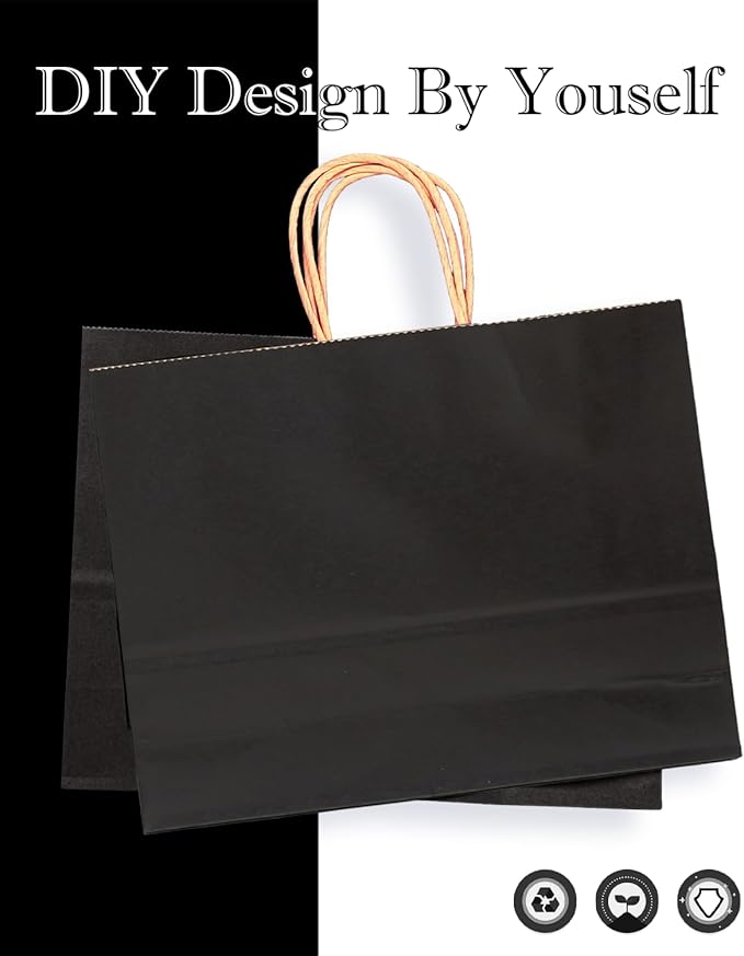 qiqee 50-Packs Black Paper Gift Bags with Handles Bulk 12.6"x4.3"x10" Wide Large Size Party Favor Bags Multiple Uses