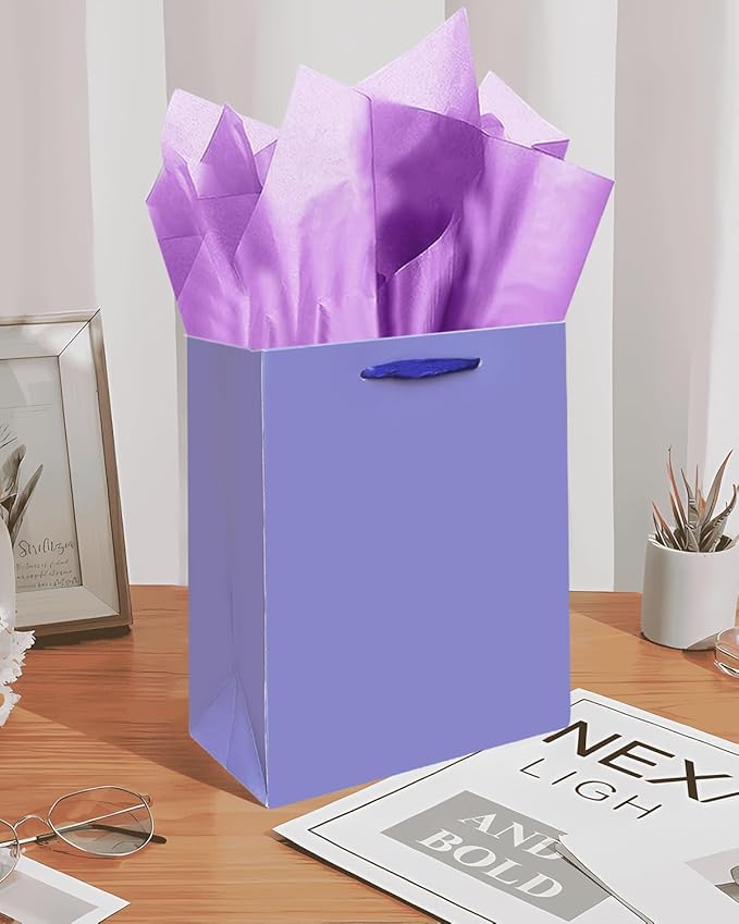 Gcardist Violet Gift Bags with Tissue Paper for Wedding, Birthday, Party Supplies-7.9"x4.3"x9.6" Medium Size Cardboard Gift Bags(5pcs Bags +10pcs Tissue Paper )