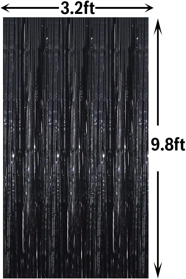 GOER 3.2 ft x 9.8 ft Metallic Tinsel Foil Fringe Curtains Party Photo Backdrop Party Streamers for Halloween,Birthday,Graduation,New Year Eve Decorations Wedding Decor (4 Packs,Black)