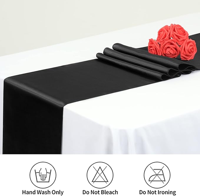12 Pack Black Satin Table Runner,12 x 108 inch Long Premium Smooth Table Runner for Wedding, Banquets, Birthday, Party, Graduation, Engagements, Table Runners fit Rectangle and Round Table