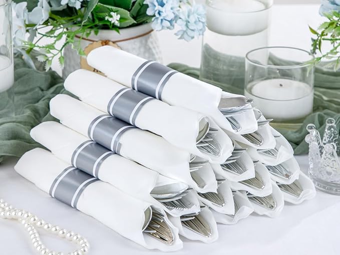 400PCS Wrapped Silver Plastic Silverware Sets - Heavy Duty Plastic Silverware Include Pre Rolled Disposable Utensils with Napkins for Parties & Dinners & Weddings