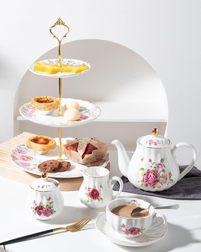 Sweejar 3 Tier Ceramic Cake Stand Wedding, Dessert Cupcake Stand for Tea Party Serving Platter (Rose Flower)