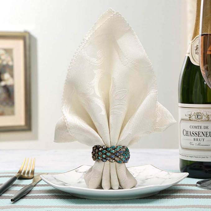Jeweled Napkin Rings Set of 12 - Vintage Metal Crystal Rustic Peacock Napkin Ring Holders for Wedding Party Holiday, a Beautiful Dinner Table Décor (Multicolor) (12)