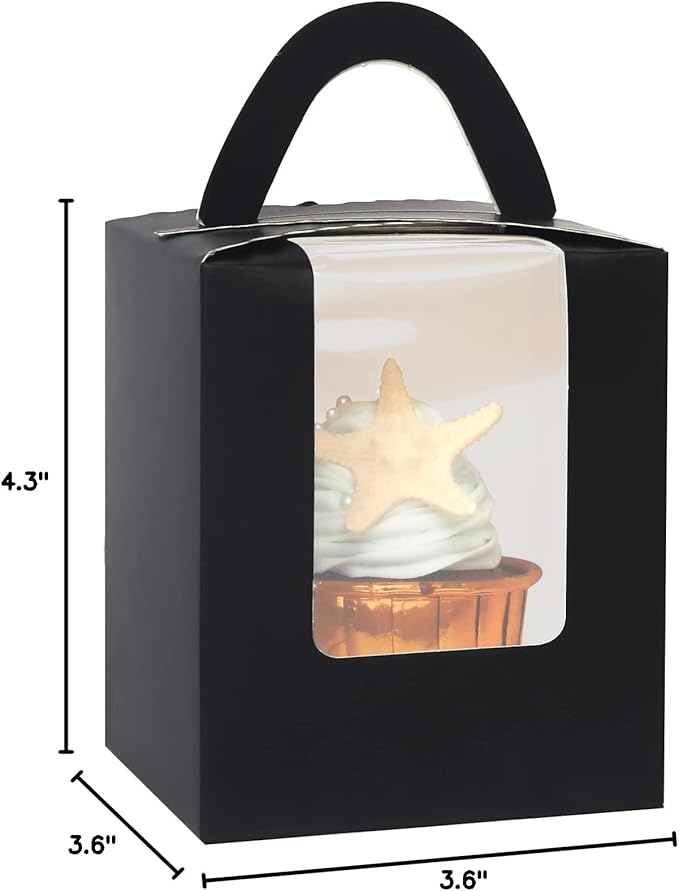 qiqee Black Cupcake Boxes Individual 100 Packs Cupcake Holders Disposable Single Cupcake Boxes with Window 3.6" 3.6"*4.3" Cupcake Containers