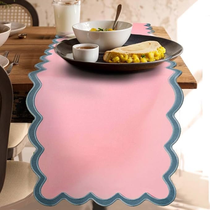 Folkulture Table Runner | Table Runners 72 inches Long | Scallop Table Runner for Farmhouse Decor or Boho Decor | Boho Pink Table Runners for Dining Room Table Decor | Pastel Party Decorations