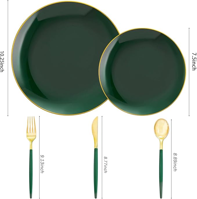 Liacere 150PCS Green Plastic Plates - Gold Plastic Silverware with Green Handle - Heavy Duty Fancy Plastic Plates Disposable Include 30 Guests Plates, Forks, Spoons, Knives for wedding&Labor Day