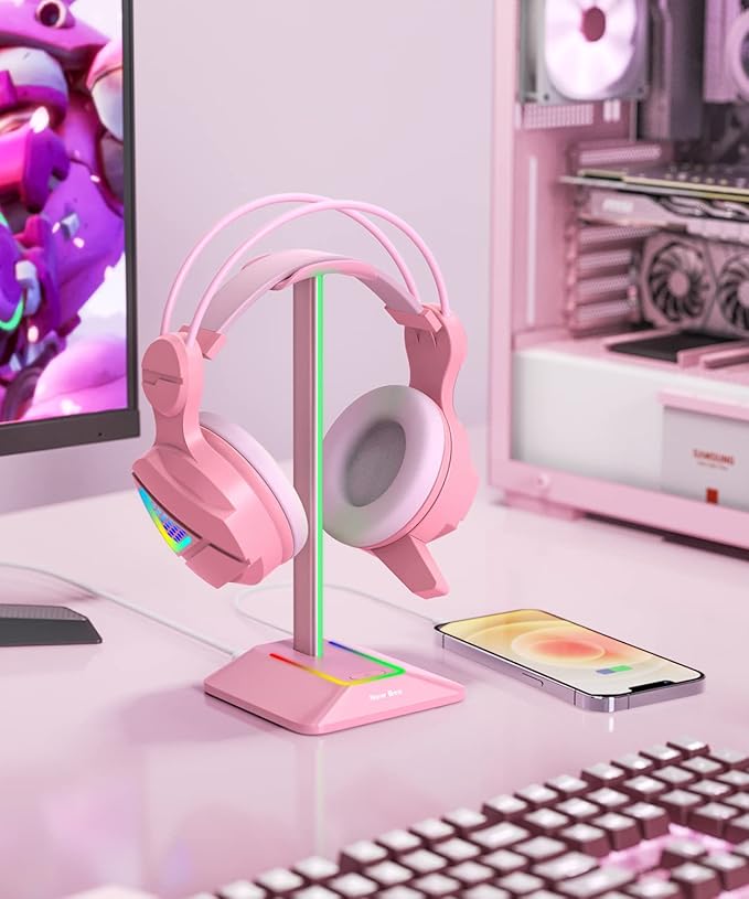 New bee RGB Headphone Stand with 1 USB-C Charging Port and 1 USB Charging Port, Desk Gaming Headset Stand with 7 Light Modes and Non-Slip Rubber Base Suitable for All Earphone Accessories (Pink)