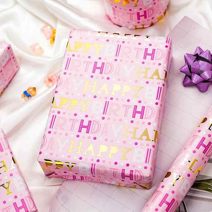 Yarcony Girl Birthday Wrapping Paper, Pink and Gold Wrapping Paper, Gold Foil Girly Happy Birthday Lettering Design Pink Gift Wrap for Girls Women, Baby Shower, Party (Mini Roll, 17 Inch X 16.5 Feet)