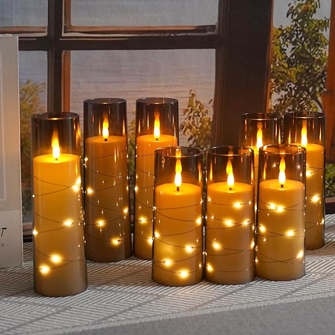 Flameless LED Candles with Timer 9 Pc Flickering Flameless Candles for Romantic Ambiance and Home Decoration Stable Acrylic Shell,with Embedded Star String,Battery Operated Candles(Grey)