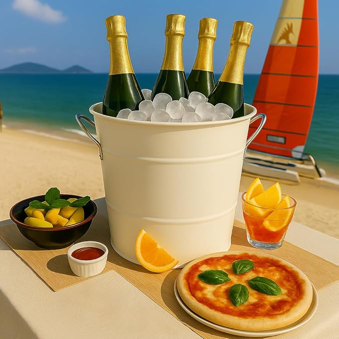 Insulated Ice Bucket with Lid Scoop Handle for Parties Cocktail Bar, 4L Round Mental Champagne Drink Wine Bucket for Drinks White