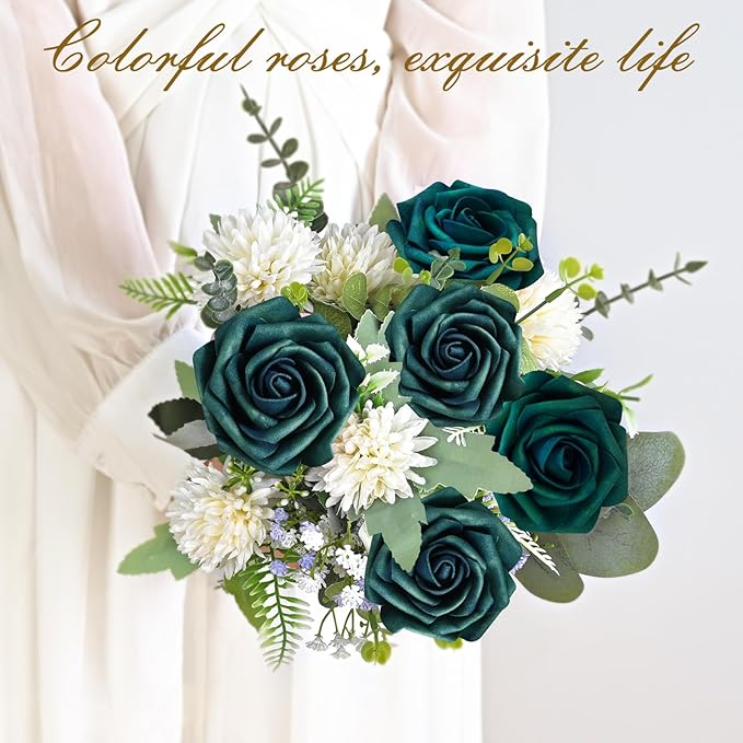 BLEUM CADE 16Pcs Artificial Flowers Fake Roses with Stems, Army Green Boxed Foam Roses for DIY Bouquets Centerpieces Wedding Party Arrangement Bridal Shower Decor