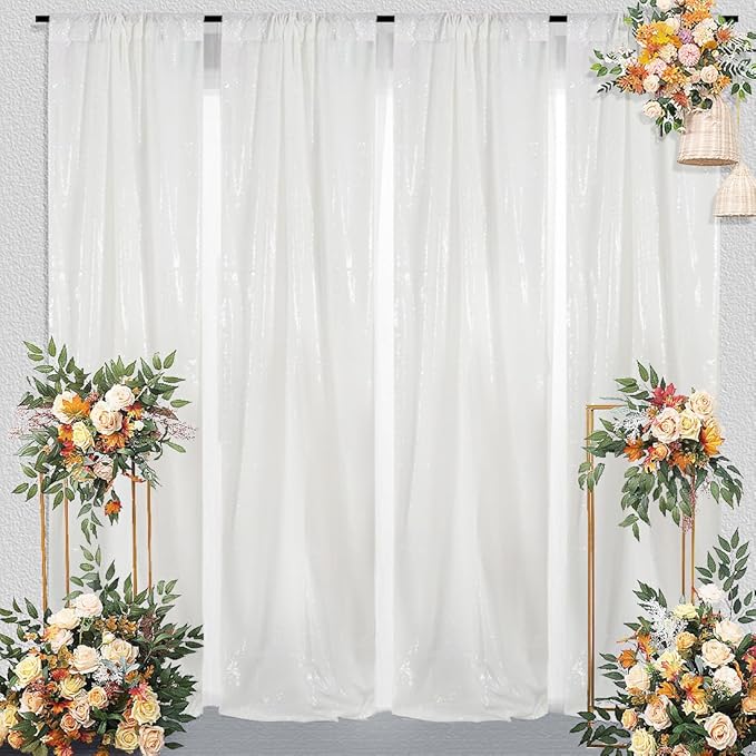 Juya Delight Sequin Backdrop Curtain,2PCS 2FTx8ft Glitter Backdrop Curtain for Party,Birthday,Christmas Wedding Decoration,White
