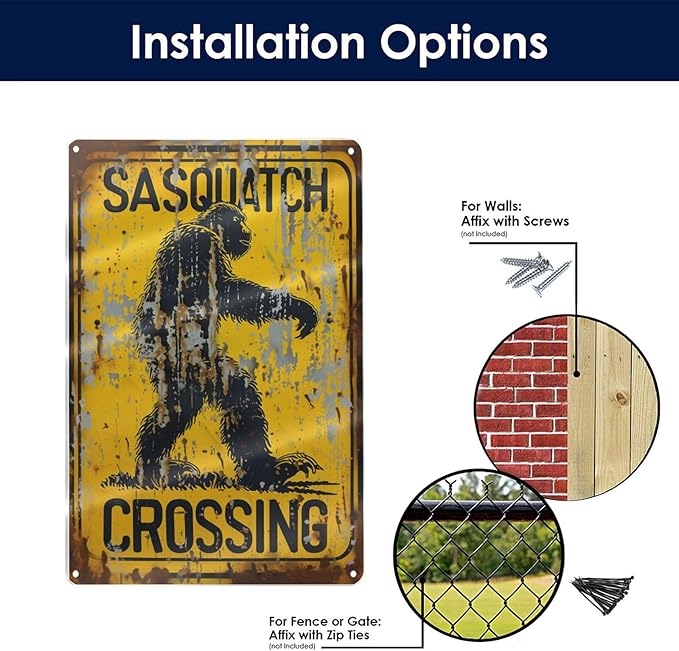 Retro Funny Metal Tin Sign - "Sasquatch Crossing" Outdoor Wall Décor, Vintage Sign for Home, Garden, Garage, or Cabin Decoration, 8 x 12 Inches