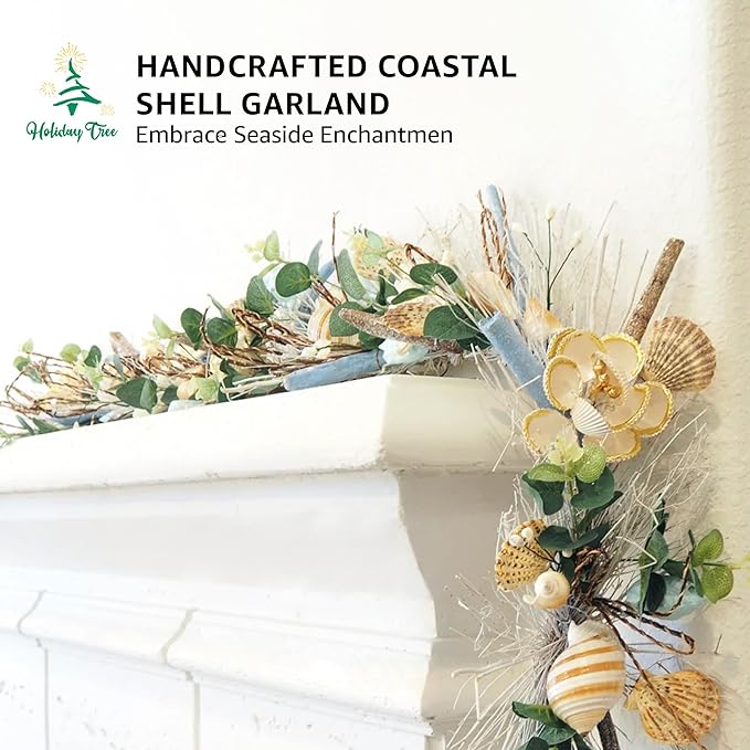 5' Coastal Shell Garland – Handcrafted Holiday Tree Wall Decor with Capiz Shells, Driftwood & Twigs – Coastal Elegance for Home, Mantle Decor, Bedroom, Dining & Doorway