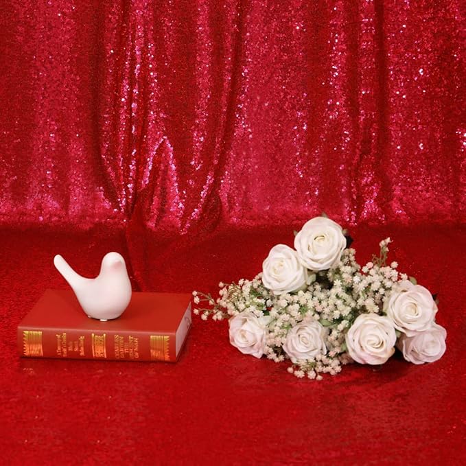 Poise3EHome 2Pcs 3Ft x 8Ft Red Sequin Backdrop Curtain for Birthday Party Baby Shower Wedding Christmas Thanksgiving Holiday Festival Decor