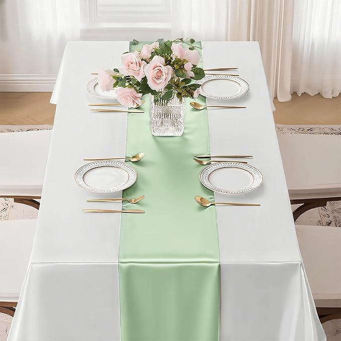 2 Pack Sage Green Satin Table Runner 12x108 Inches Long, Bright Silky Smooth Satin Table Runner Table Decor for Wedding Banquet Christmas Prom Event Birthday Party