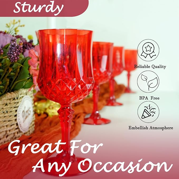 Plastic Wine Glasses,Plastic Goblets Vintage Style Cordial Drinking Glasses for Wedding Reception, Christmas Grand Event Party Supplies (24, Red)