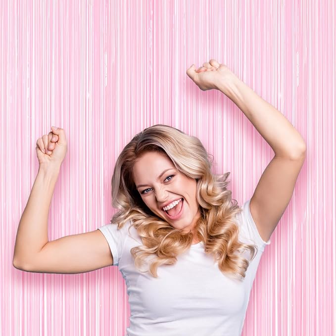 3 Pack 3.3 x 8.2 ft Pasel Pink Foil Fringe Backdrop Curtains, Tinsel Streamers Birthday Party Decorations, Fringe Backdrop for Graduation, Baby Shower, Gender Reveal, Disco Party