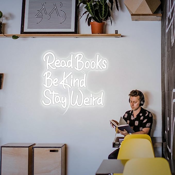 Read Books Be Kind Stay Weird Neon Sign Letter LED White Neon Lights Dimmable USB Powered 14.17’’X13’’Cool Wall Decorative Light Bedroom Bar Birthday Party Decoration Gifts (White)