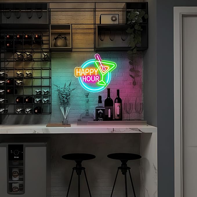 Happy Hour Neon Sign Dimmable Led Happy Hour Neon Bar Signs for Home Bar, USB Powered Bright Cocktails Happy Hour Neon Signs for Wall Decor Bar Pub Man Cave Party Art Decor(14.1*12.5inches)