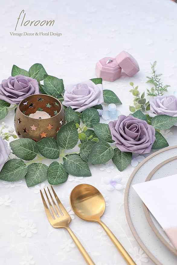 Floroom Artificial Flowers 25pcs Real Looking Lavender African Violet Purple Foam Fake Roses with Stems for DIY Wedding Bouquets Bridal Shower Centerpieces Floral Arrangements Party Tables Decorations