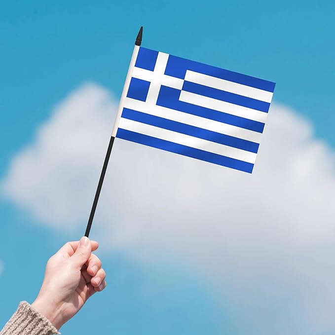 2 Pack Greece Desk Flag Set, Greek Desktop Small Miniature Table Office Flag with 12" Black Pole and Black Base, Offices, Classroom, Home, Festival Decoration (Greece)