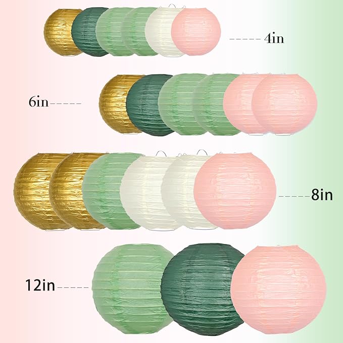 ADLKGG Paper Lanterns Decorative, Round Hanging Paper Lanterns Decorations for Graduation Bridal Shower Wedding Birthday Neutral Baby Shower Decorations Home Decor Sage Green/Pink/Gold 21pcs