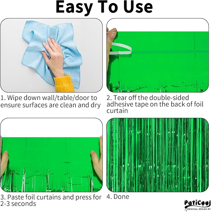 Green Streamers Party Decorations - Thicken 4 Pack 3.2 x 8.2 FT - Tinsel Foil Fringe Curtains Party Backdrop for Birthday, Dinosaur, Jungle, Football, Golf Party Decorations