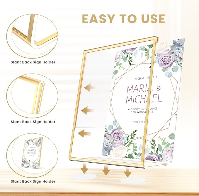 Acrylic Gold Frames 4X6, Slanted Back Gold Picture Frames Table Acrylic Sign Holder for Photos Wedding Table Numbers and Art Display with Removable Clear Sticky Dots,3 Pack