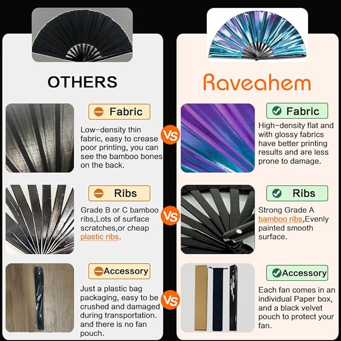 Large Rave Fan, Clack Folding Hand Fan with Premium Fabric, Thick Bamboo Frame for Men Women Gift for EDM, Festival, Club, Party, Dance, Decoration (Holographic Blue-Purple, 11")