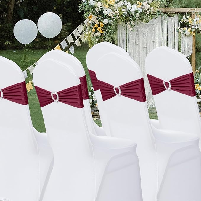 Howhic Pack of 30 Spandex Chair Sashes Bows Stretch Chair Cover Band with Buckle Slider Universal Elastic Chair Ties for Wedding Banquet Party Event Decoration (Burgundy)