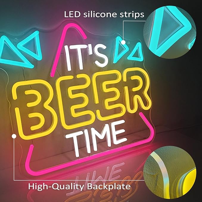 Beer Neon Sign for Wall Decor, Neon Lights Bar Sign for Home Bar Pub Home Party Man Cave Club, IT'S BEER TIME Neon Light Dimmable Decoration USB Powered with Switch